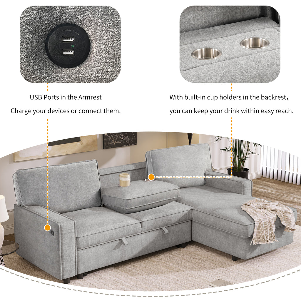 U_STYLE Upholstery Sleeper Sectional Sofa with Storage Space, USB port, 2 cup holders on Back Cushions(same sku; WY000335AAE) - Grand Goldman Shop