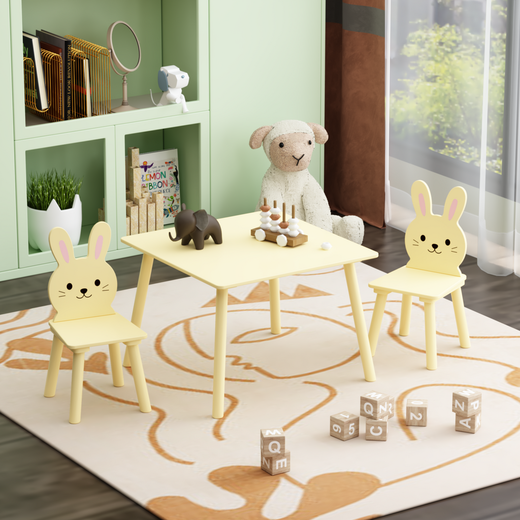 Kids Table and Chair Set with 2 Bunny Chairs, Children's Wooden Activity Table for Toddlers, Cute Animal Design Study Play Se