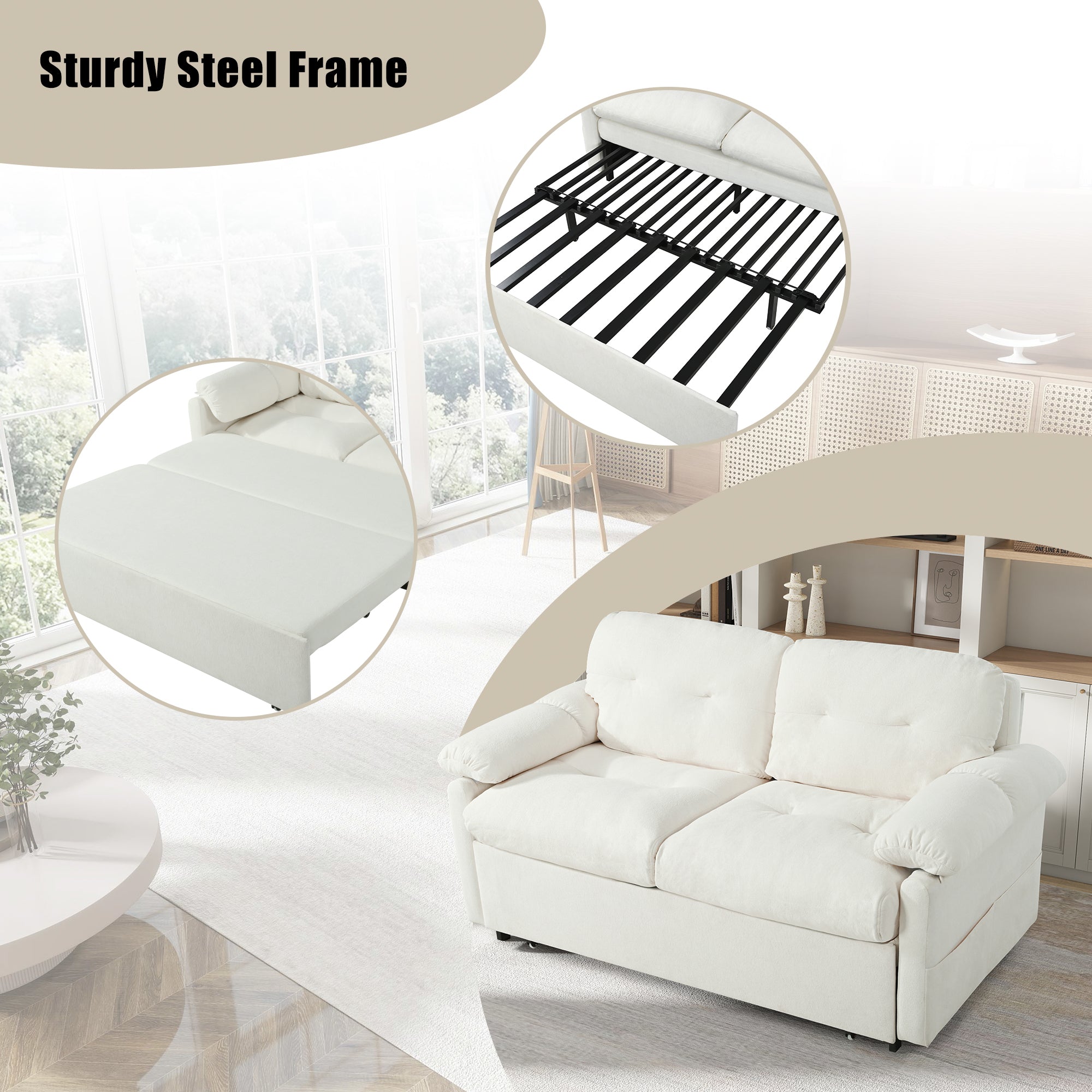 Convertible Pull-Out Queen Sleeper Sofa, 3-in-1 Loveseat with Side Storage & 8 Silent Casters, Beige Chenille Fabric, Fits Living Room, Bedroom, Apartment - Grand Goldman Shop