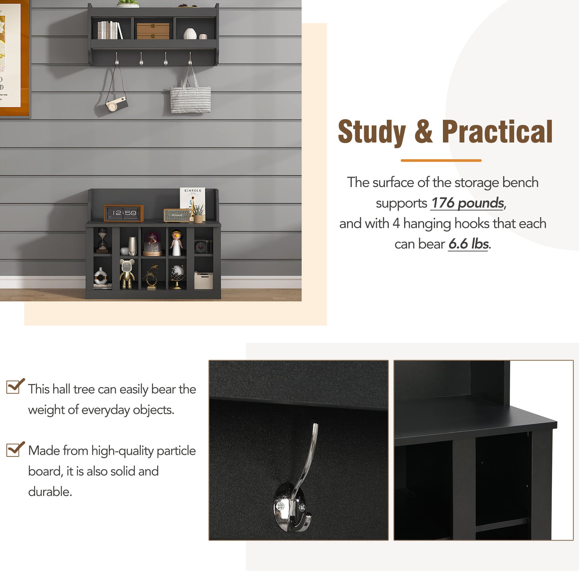 ON-TREND Shoe Storage Bench with Shelves and 4 Hooks, Elegant Hall Tree with Wall Mounted Coat Rack, Entryway Organizer For Hallway, Foyer, Mudroom, Black - Grand Goldman Shop