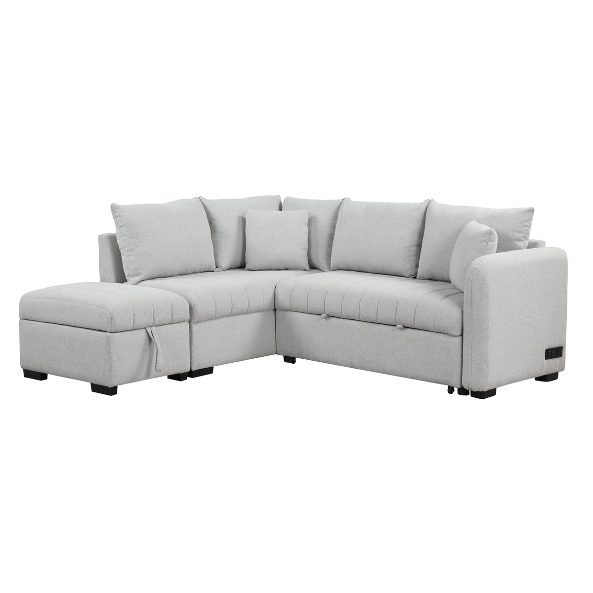 Modern L-shaped Sectional Pull Out Sofa Bed with USB Ports & Storage Ottoman, Gray Jacquard Fabric, 82.6' - Grand Goldman Shop