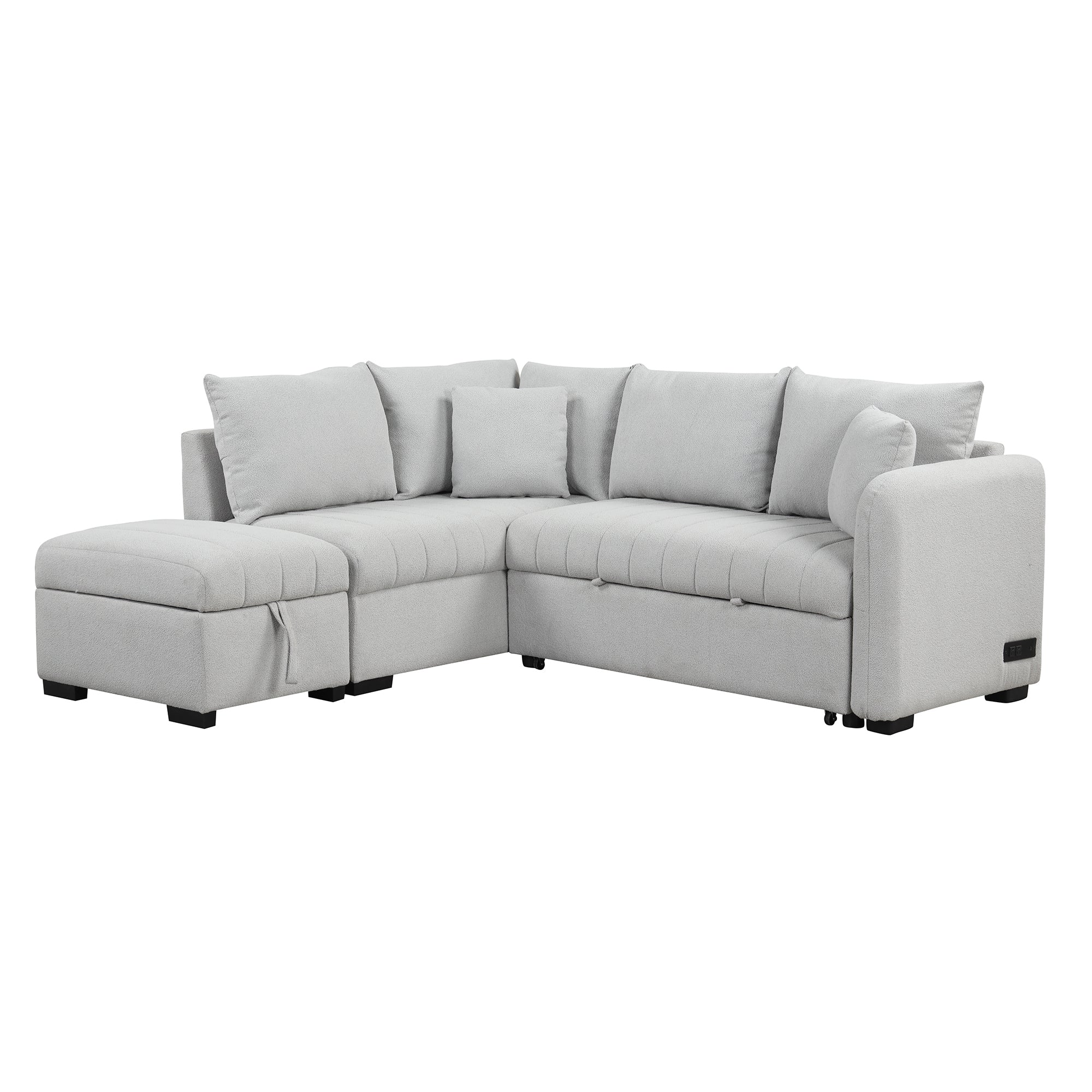 Modern L-shaped Sectional Pull Out Sofa Bed with USB Ports & Storage Ottoman, Gray Jacquard Fabric, 82.6' - Grand Goldman Shop