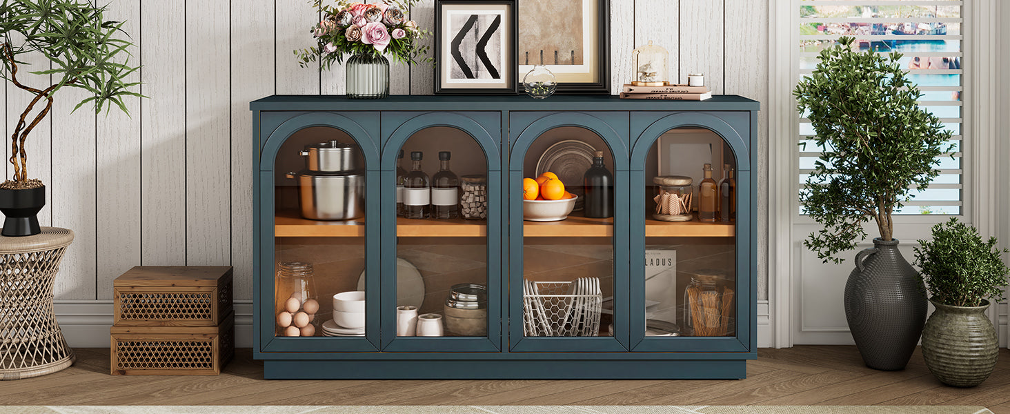 TREXM 4-Door Large Storage Buffet Cabinet with Glass Doors, Arched Cabinet with Adjustable Shelves for Kitchen, Dining Room and Living Room (Navy) - Grand Goldman Shop