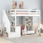 White Twin Size Loft Bed with L-Shaped Desk, Drawers, Cabinet, and Storage Staircase - Pine Wood & MDF - Grand Goldman Shop