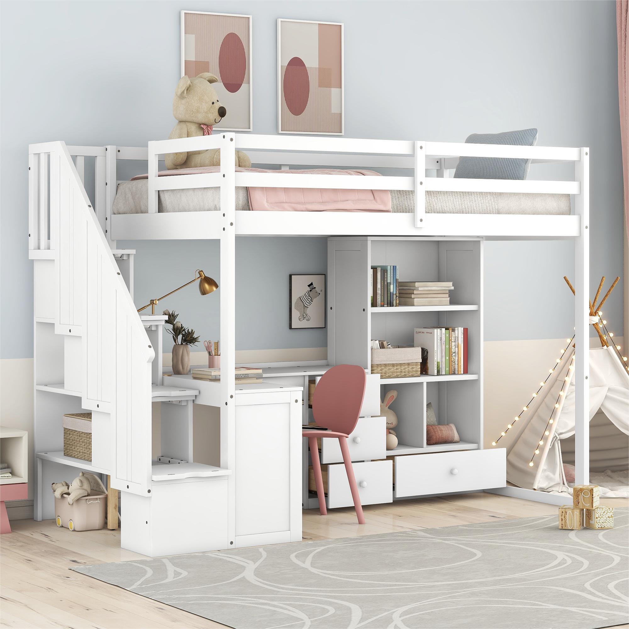 White Twin Size Loft Bed with L-Shaped Desk, Drawers, Cabinet, and Storage Staircase - Pine Wood & MDF - Grand Goldman Shop