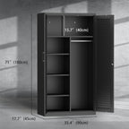 Wide & Deep Metal Storage Cabinet with Hanging Rod,Black Broom Closet Storage Cabinet with Lock, Tall Wardrobe Cabinets with 