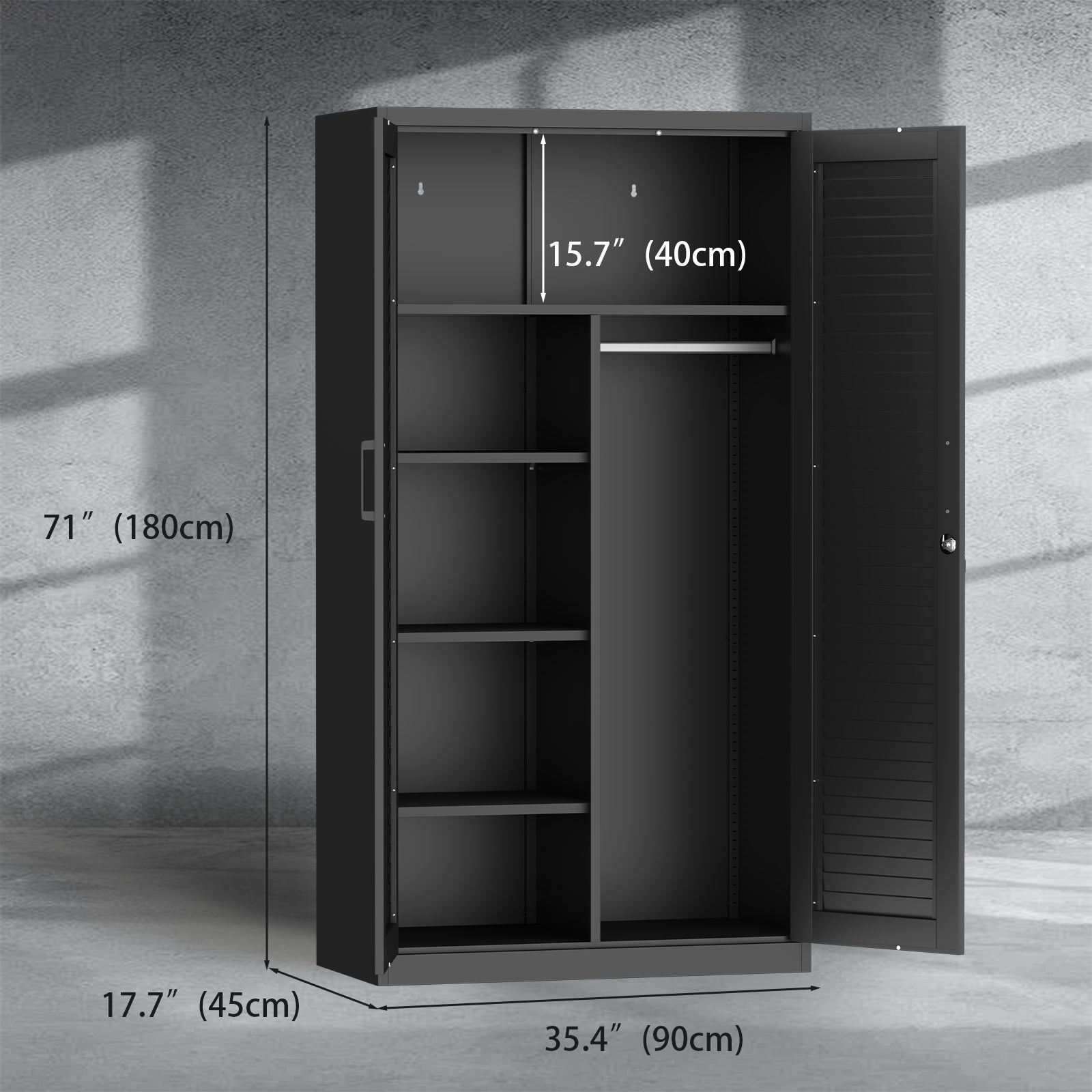Wide & Deep Metal Storage Cabinet with Hanging Rod,Black Broom Closet Storage Cabinet with Lock, Tall Wardrobe Cabinets with 