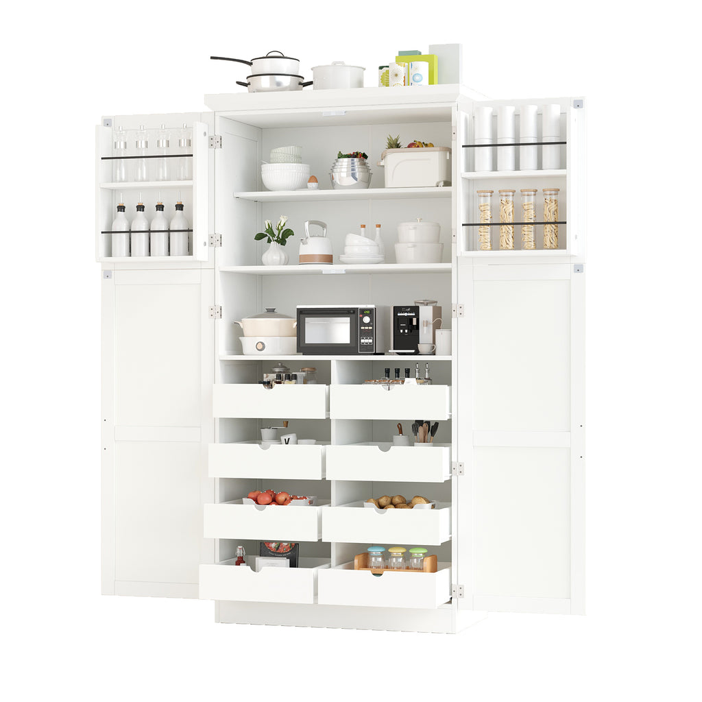 [Assembly Video Provided] TOPMAX 35.5x17.6x70.9inch Freestanding Kitchen Pantry Cabinet, Tall Storage Cabinet with 4 Doors, 2 Door Shelves, 8 Pull-out Trays and Adjustable Shelf for Dining Room, White - Grand Goldman Shop