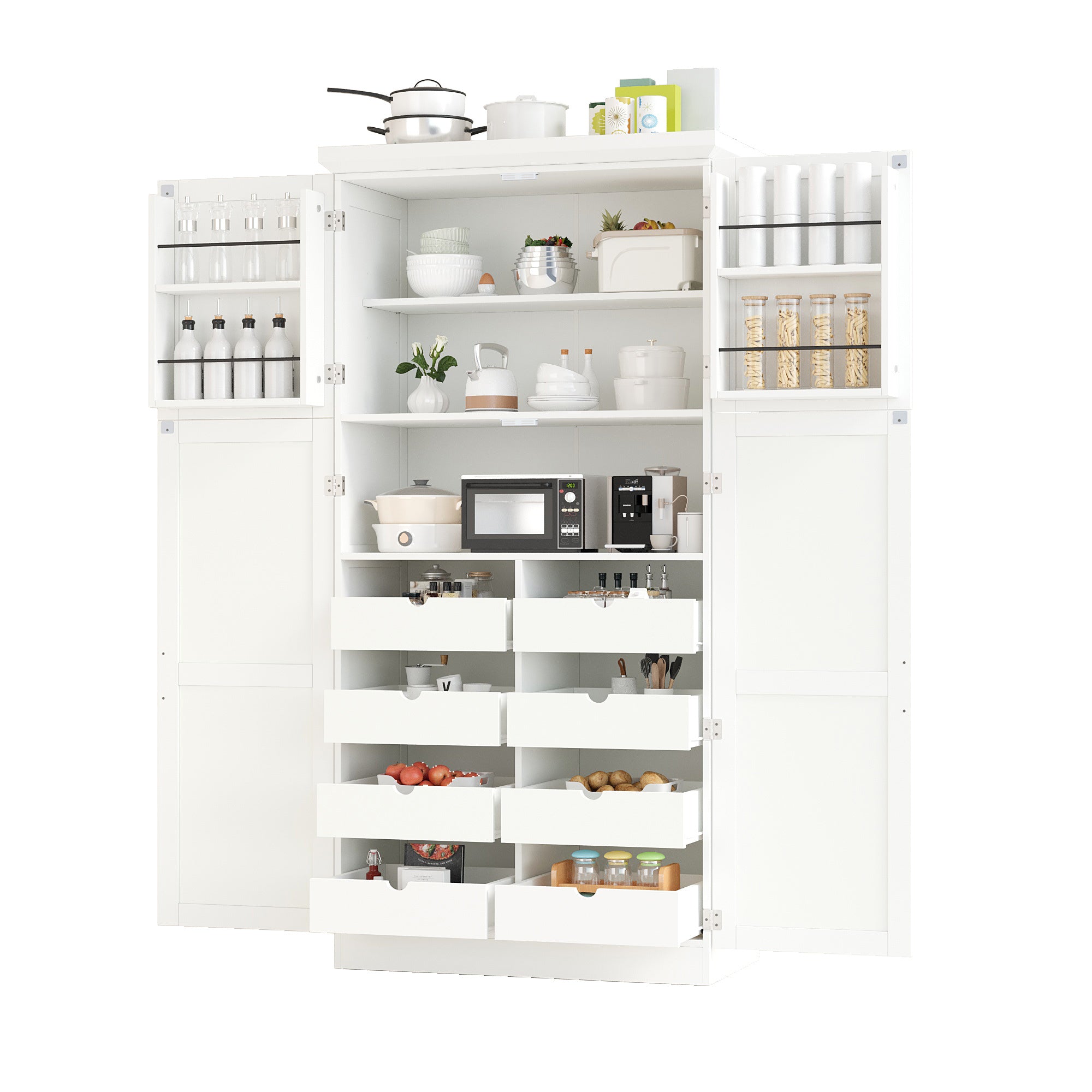 [Assembly Video Provided] TOPMAX 35.5x17.6x70.9inch Freestanding Kitchen Pantry Cabinet, Tall Storage Cabinet with 4 Doors, 2 Door Shelves, 8 Pull-out Trays and Adjustable Shelf for Dining Room, White - Grand Goldman Shop