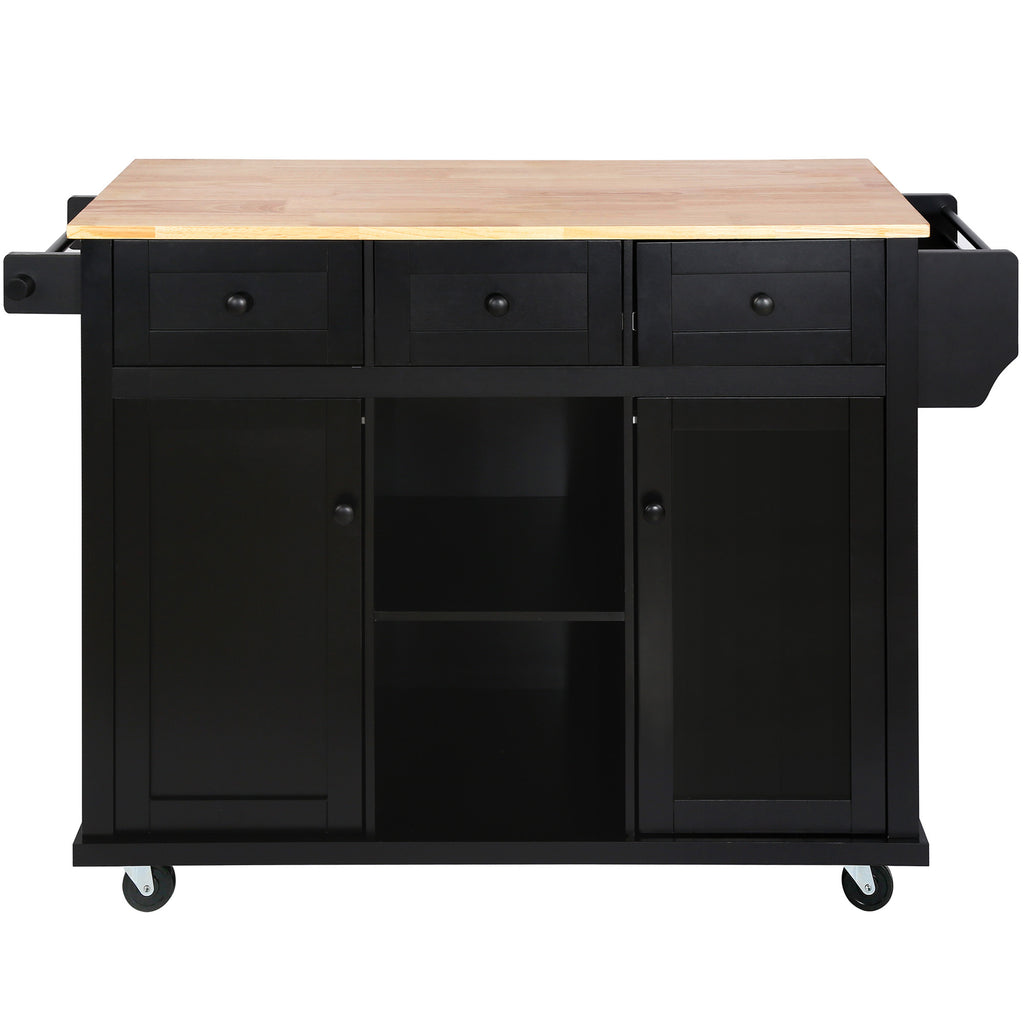 Kitchen Cart with Rubber wood Drop-Leaf Countertop ,Cabinet door internal storage racks,Kitchen Island on 5 Wheels with Storage Cabinet and 3 Drawers for Dinning Room, Black - Grand Goldman Shop