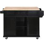 Kitchen Cart with Rubber wood Drop-Leaf Countertop ,Cabinet door internal storage racks,Kitchen Island on 5 Wheels with Storage Cabinet and 3 Drawers for Dinning Room, Black - Grand Goldman Shop