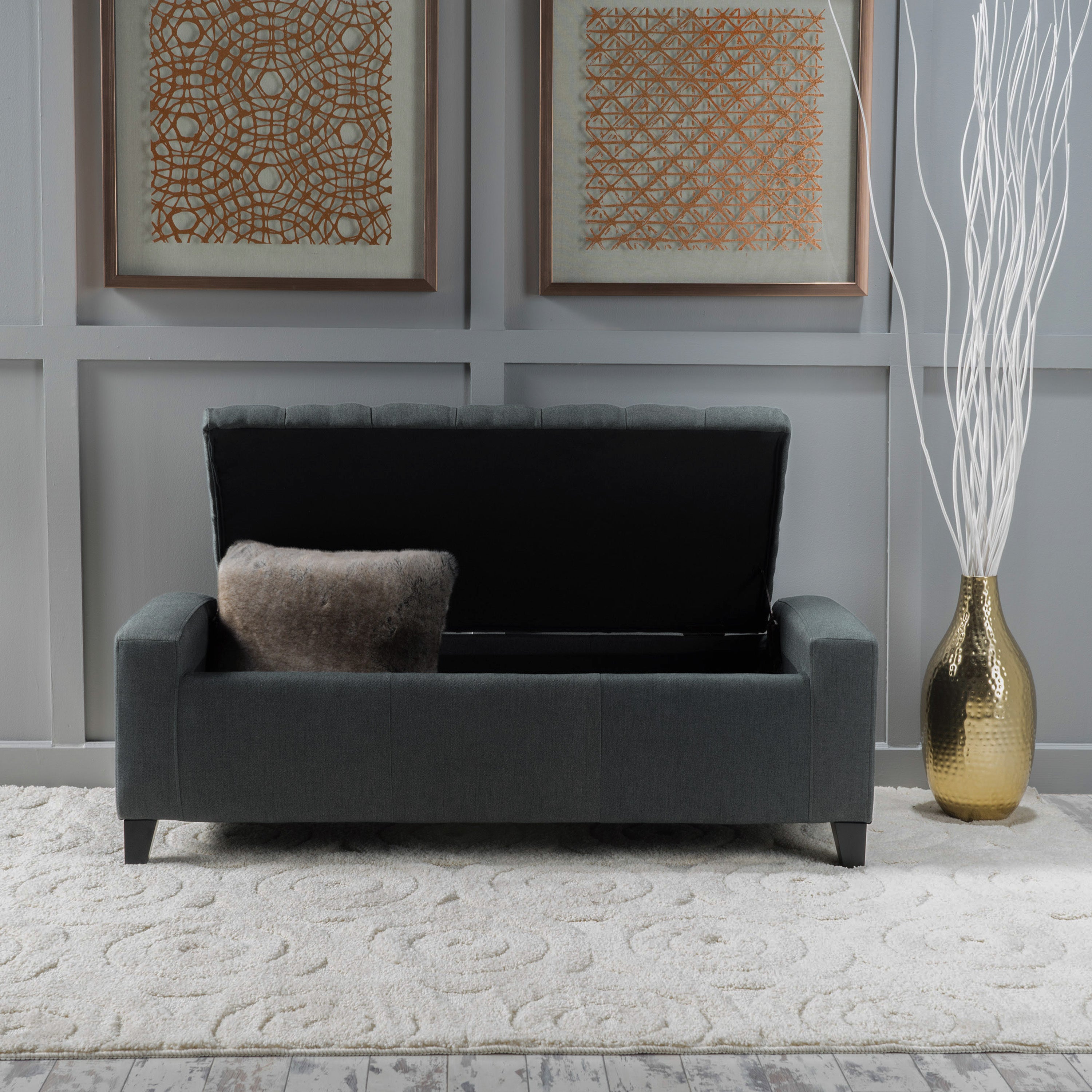 Contemporary Storage Ottoman with Tufted Top in Dark Grey Fabric - Grand Goldman Shop