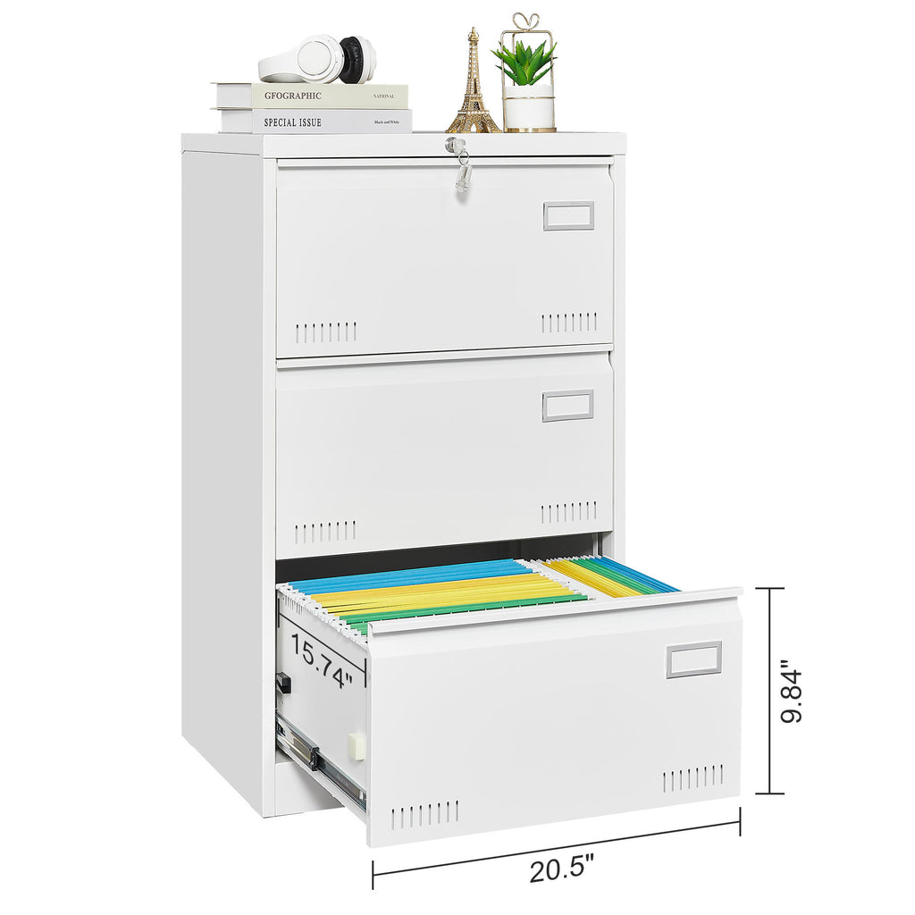 Contemporary White Metal Lateral File Cabinet with Lock, 3 Drawer Office Storage for Legal/Letter/A4/F4 - Grand Goldman
