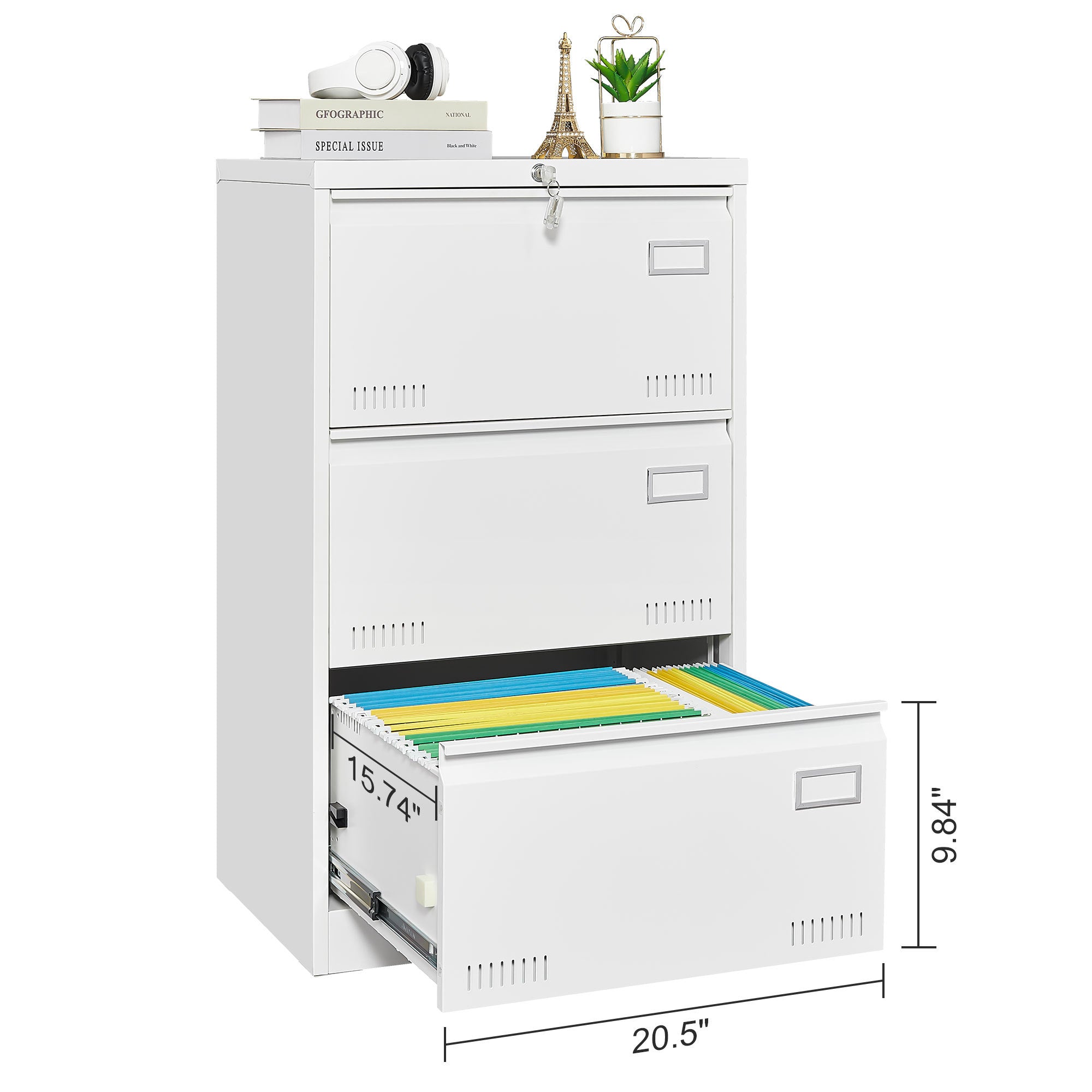 Contemporary White Metal Lateral File Cabinet with Lock, 3 Drawer Office Storage for Legal/Letter/A4/F4 - Grand Goldman
