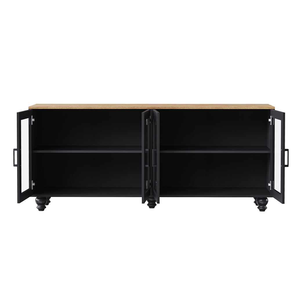 ON-TREND Farmhouse TV Stand with Tempered Glass Doors for TVs Up to 70', Versatile Sideboard with Adjustable Shelves, Elegant Buffet Cabinet with 5 Solid Wood Gourd-Shaped Legs for Living Room, Black - Grand Goldman Shop