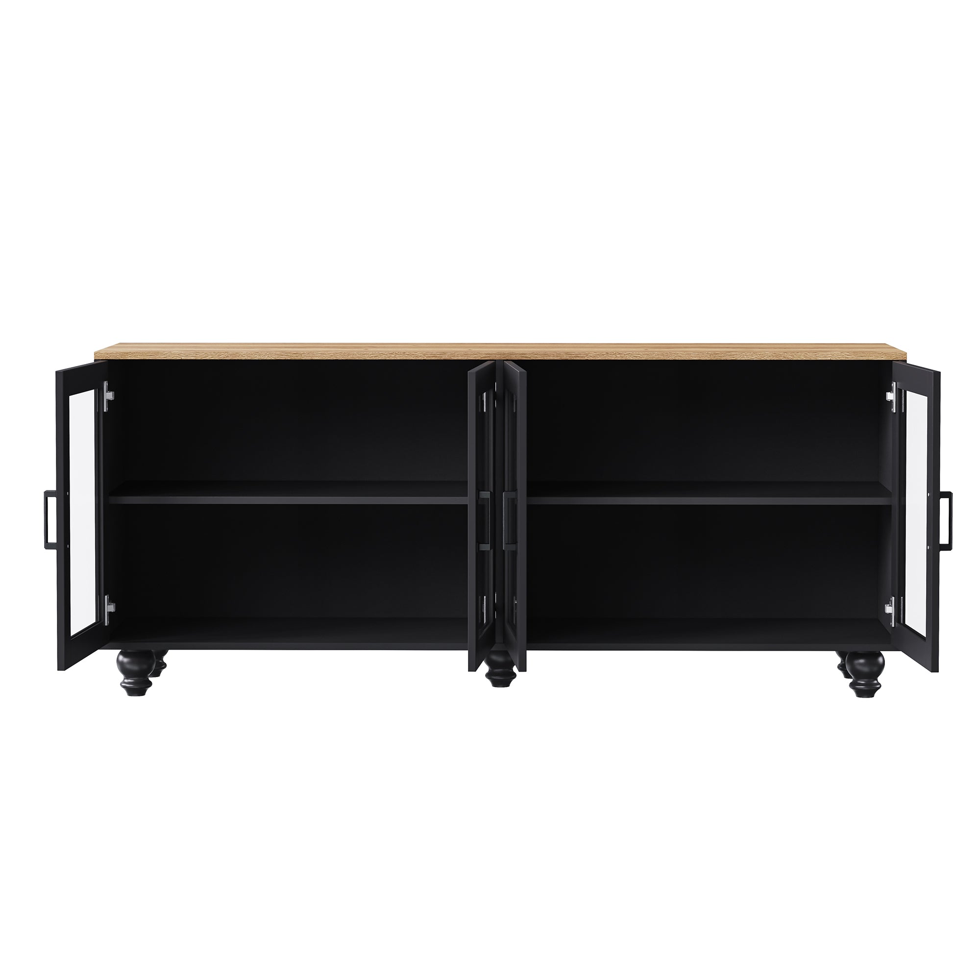 ON-TREND Farmhouse TV Stand with Tempered Glass Doors for TVs Up to 70', Versatile Sideboard with Adjustable Shelves, Elegant Buffet Cabinet with 5 Solid Wood Gourd-Shaped Legs for Living Room, Black - Grand Goldman Shop