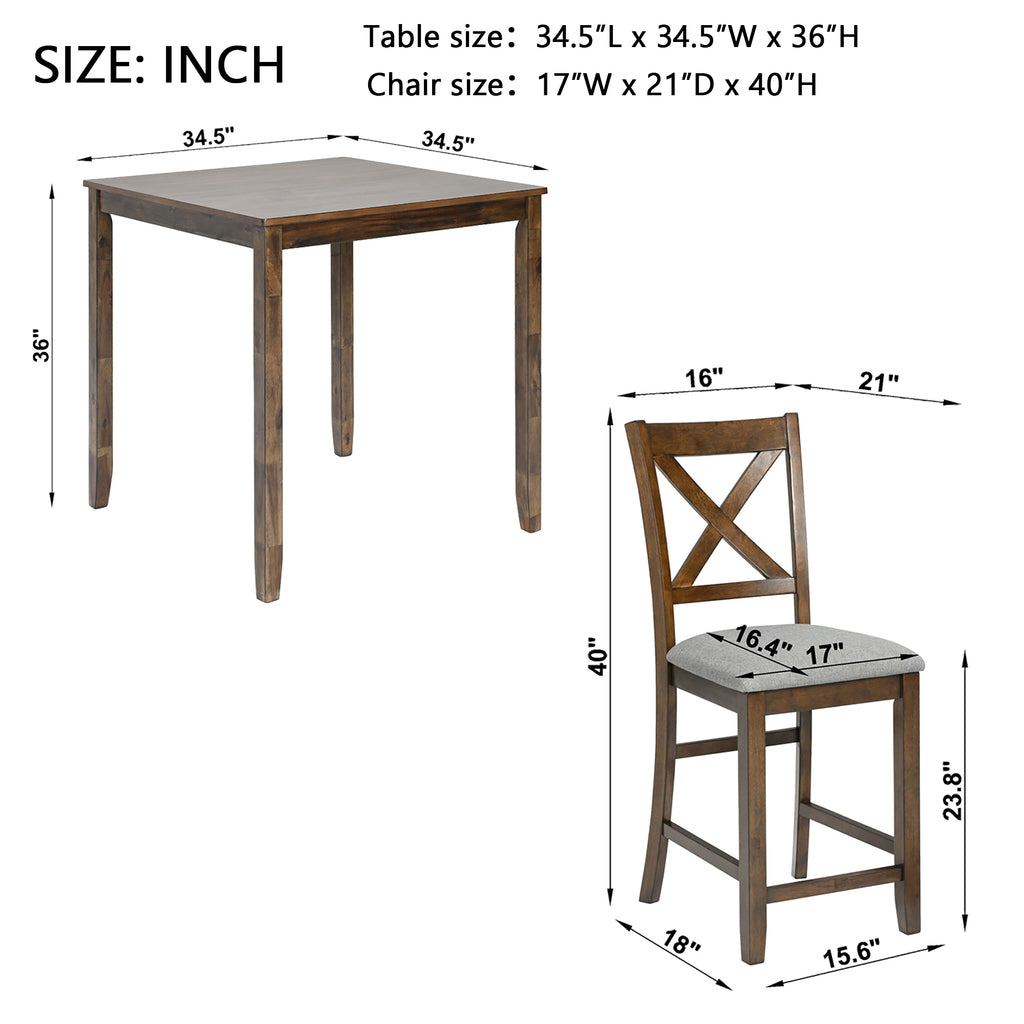 5 Piece Dining Table Set, Wooden Dining Square Table Set for 4, Counter Height Kitchen Table Set with Square Table and 4 Upholstered Chairs for Small Space, Walnut - Grand Goldman Shop