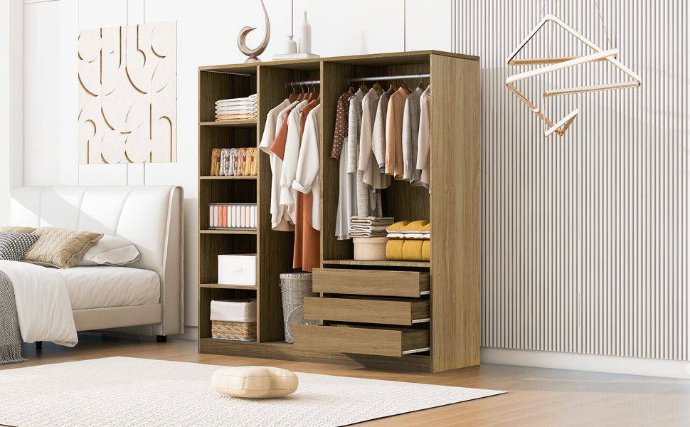 Doorless Wooden Storage Wardrobe for Dedroom with Shelves and 3 Drawers,Nature - Grand Goldman Shop
