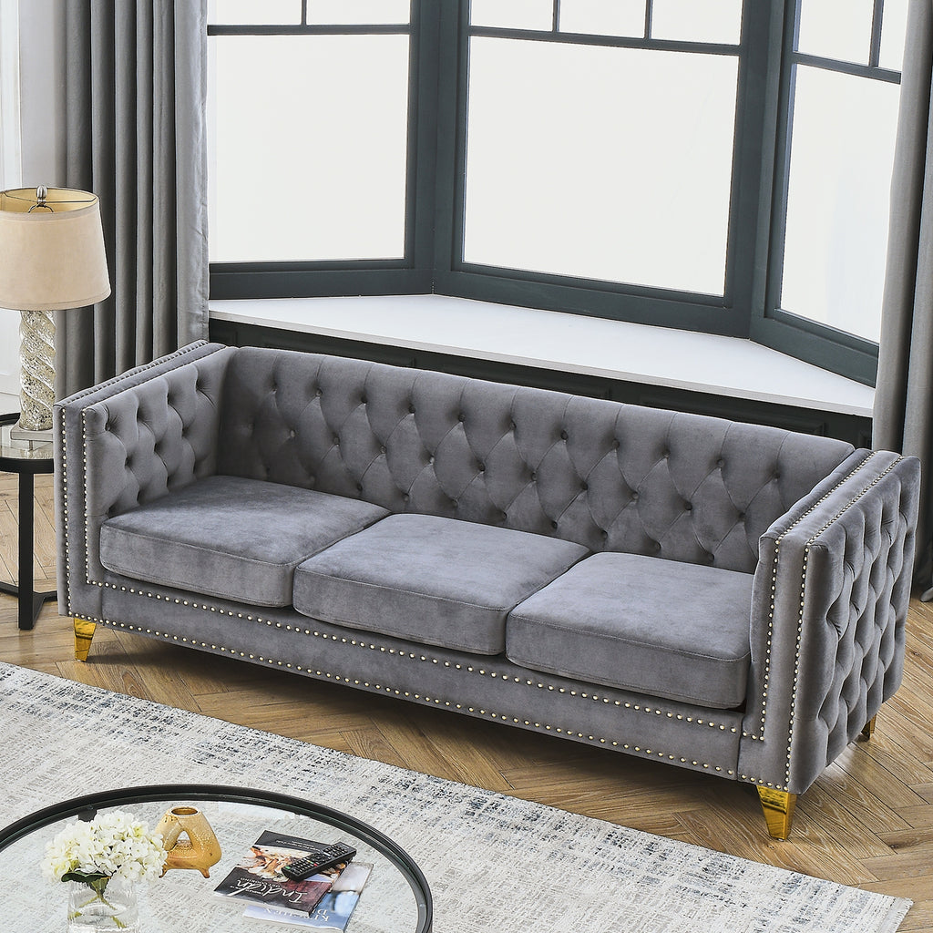 Modern Velvet Sofa with Button Tufting and Metal Legs, Grey Upholstered Couch for Living Room or Bedroom, 3-Seater, Solid Wood Frame, Soft Cotton-Filled Cushions - Grand Goldman Shop