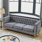 Modern Velvet Sofa with Button Tufting and Metal Legs, Grey Upholstered Couch for Living Room or Bedroom, 3-Seater, Solid Wood Frame, Soft Cotton-Filled Cushions - Grand Goldman Shop
