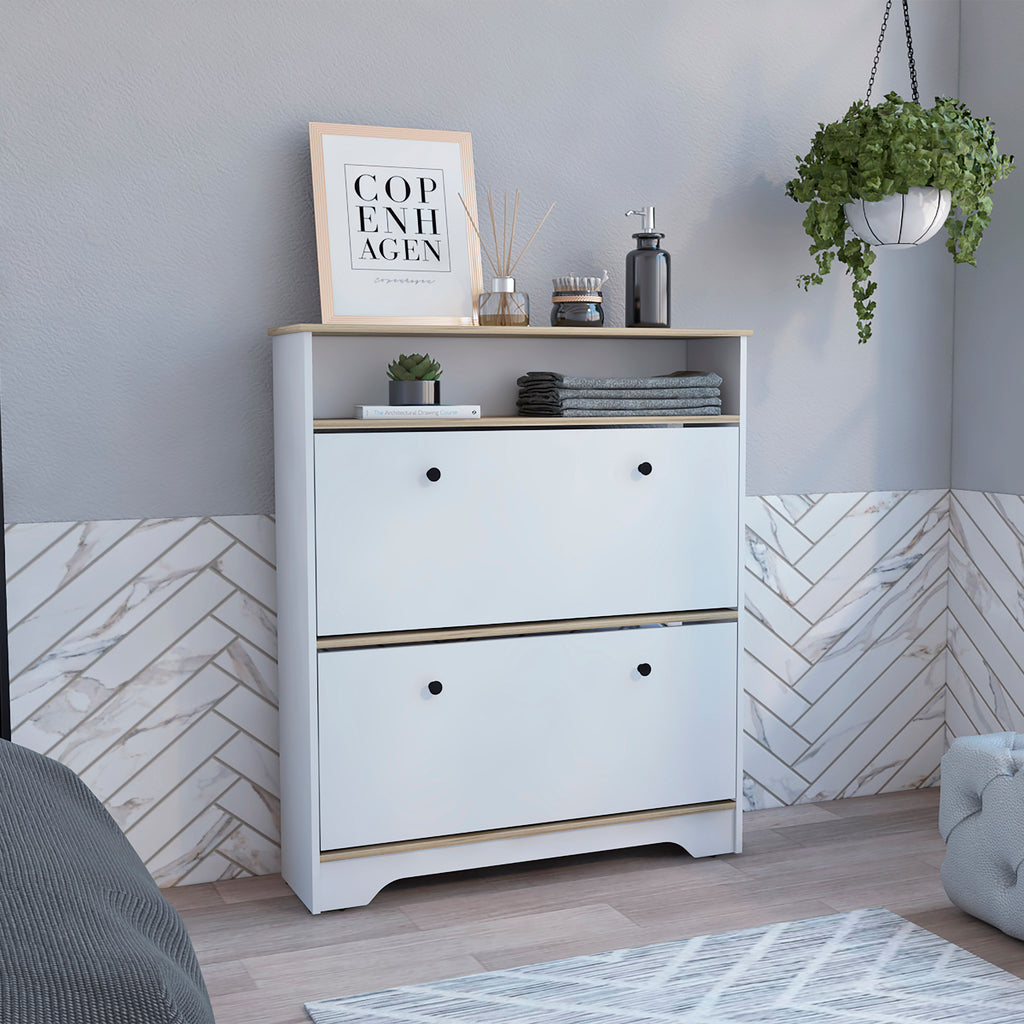 Calgary Shoe Rack, Superior Top, One Open Shelf, Two Extendable Shelves -Light Oak / White - Grand Goldman Shop