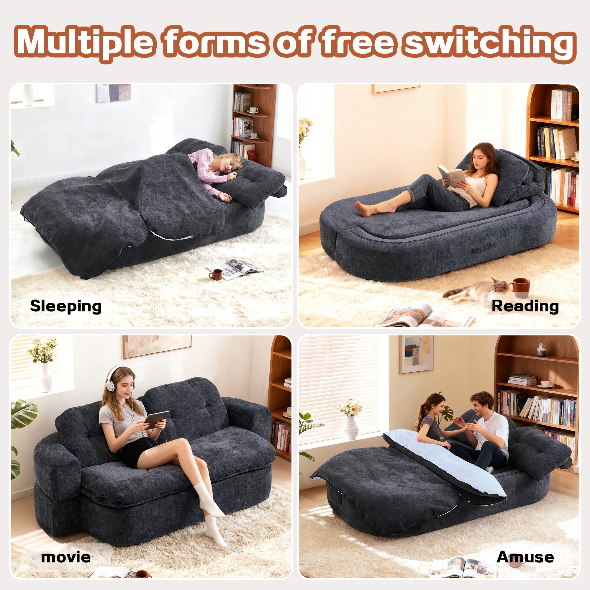 Modern Floor Sofa with 2 Pillows,Convertible Corduroy Fabric Foam-Filled Sleeper Sofa Bed, no assembly required,Convertible Sofa Cushion Unfolds into Quilt,Folding Mattress for Living Room,Playroom - Grand Goldman Shop