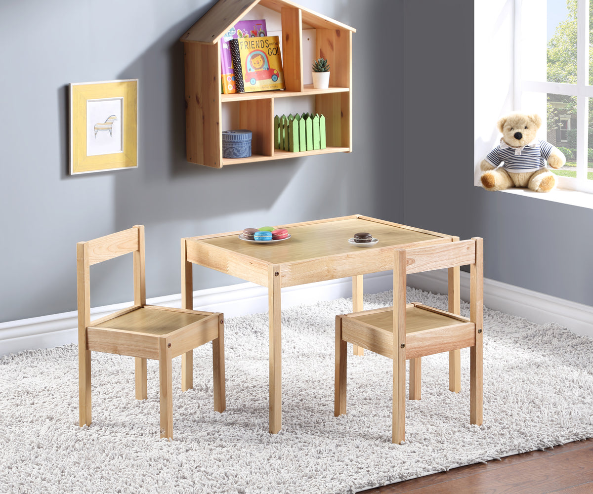 Della 3-Piece Solid Wood Kids Table & Two Chair Set, Natural - Grand Goldman