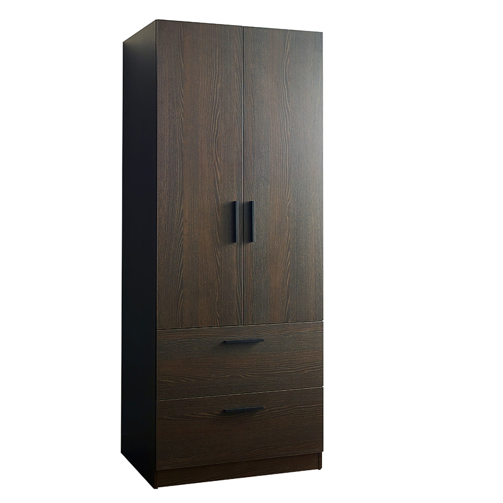 Brook Two-Door Wood Closet with Two Drawers and Hanging Bars in Dark Brown Solid Wood - Grand Goldman Shop