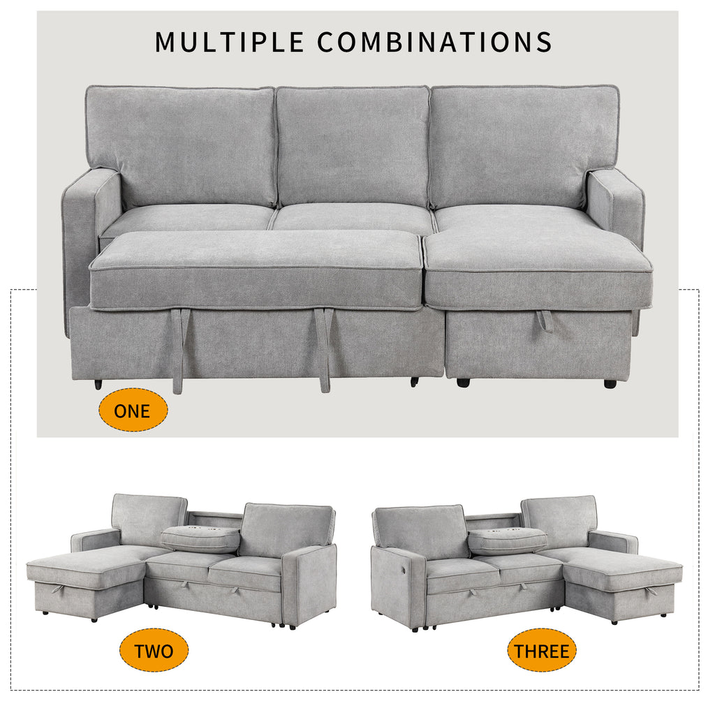 U_STYLE Upholstery Sleeper Sectional Sofa with Storage Space, USB port, 2 cup holders on Back Cushions(same sku; WY000335AAE) - Grand Goldman Shop
