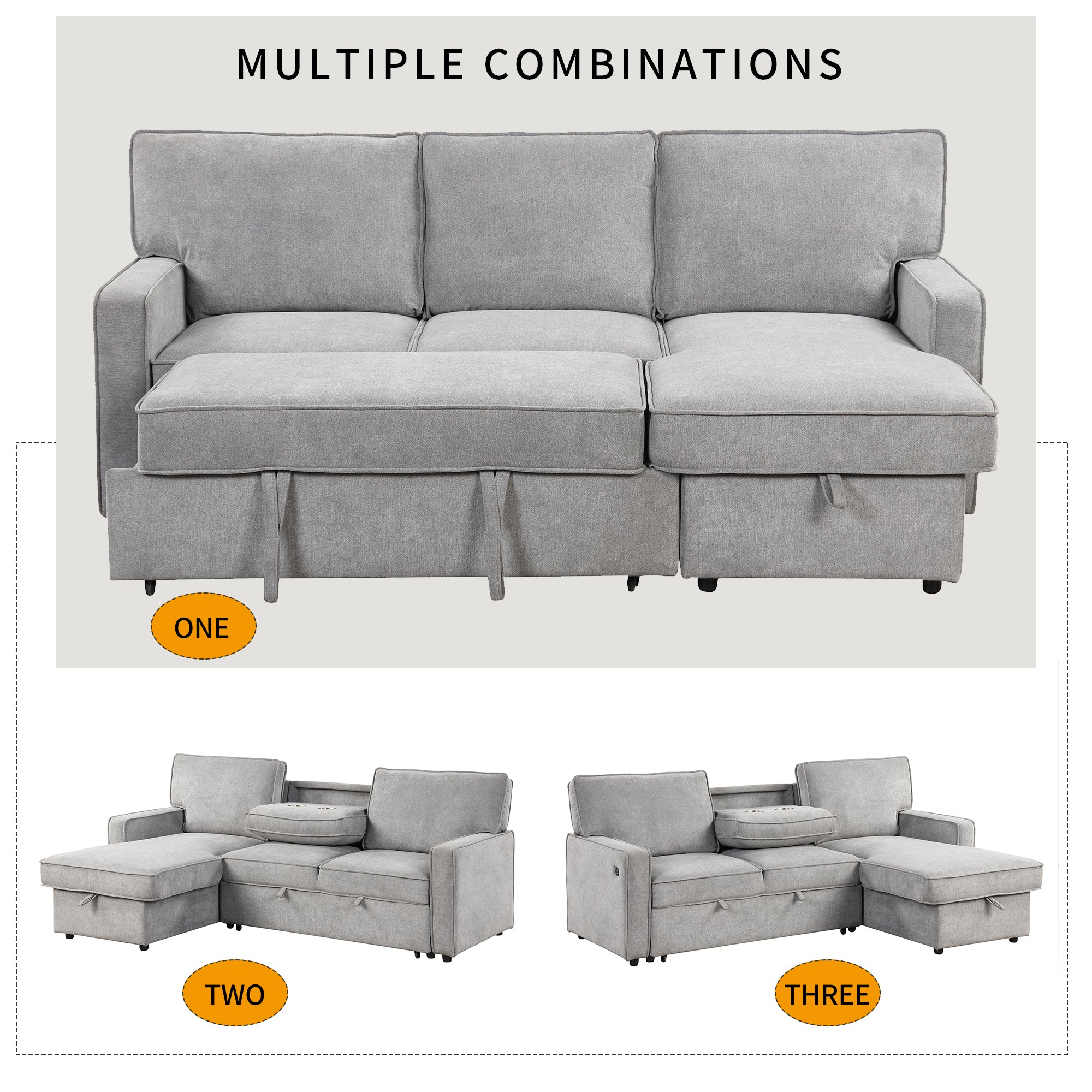 U_STYLE Upholstery Sleeper Sectional Sofa with Storage Space, USB port, 2 cup holders on Back Cushions(same sku; WY000335AAE) - Grand Goldman Shop