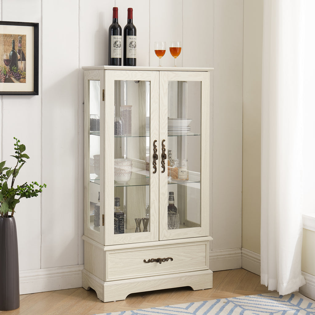Glass Cabinet Lighted Glass Cabinet Curio Display Cabinet with Adjustable Glass Shelves 2 Doors and 1 drawer Cabinet Bulb Included White - Grand Goldman Shop