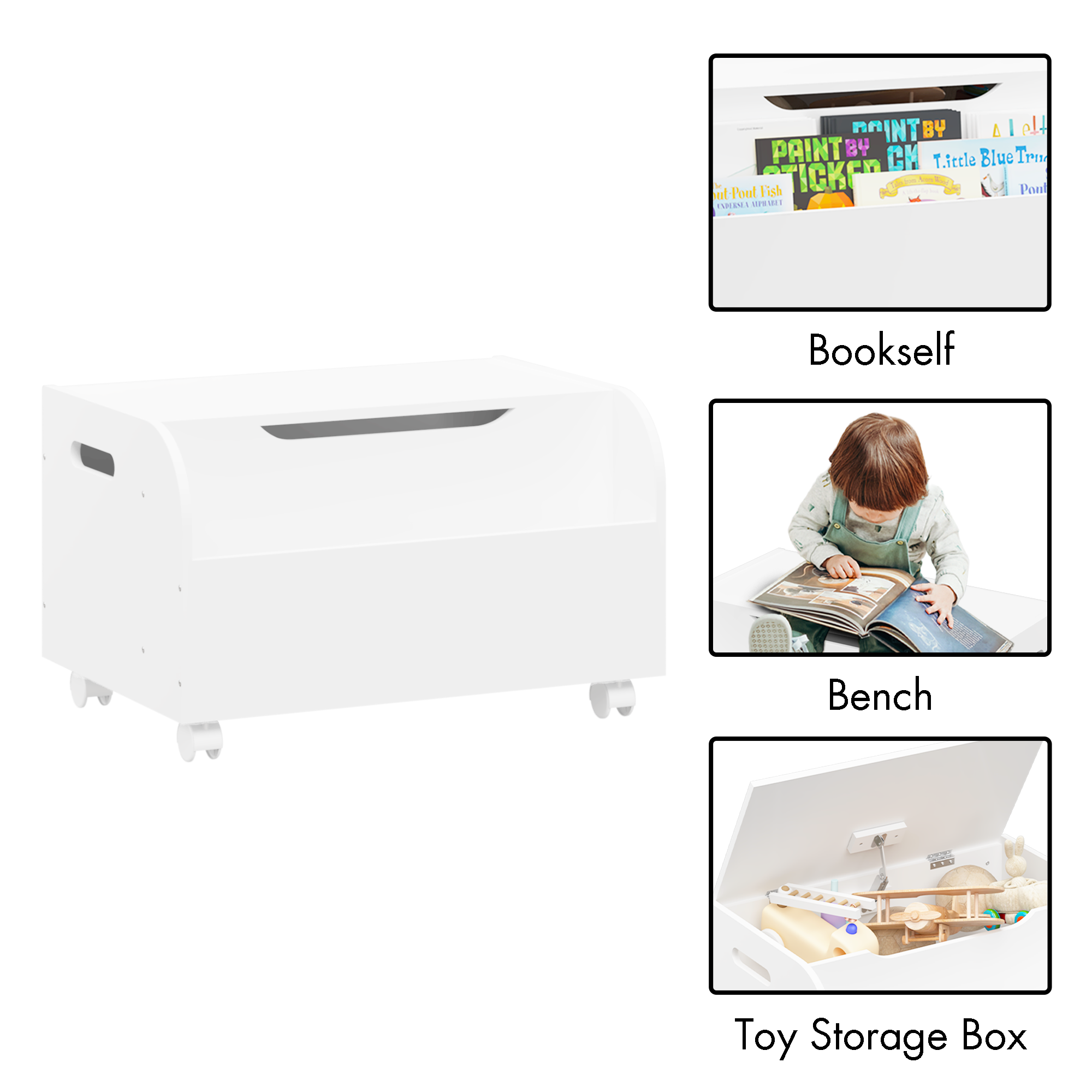 White Wooden Toy Box with 4 Universal Wheels, Kids Playroom Storage Organizer with Front Bookshelf, Flip-Top Lid, Safety Hing