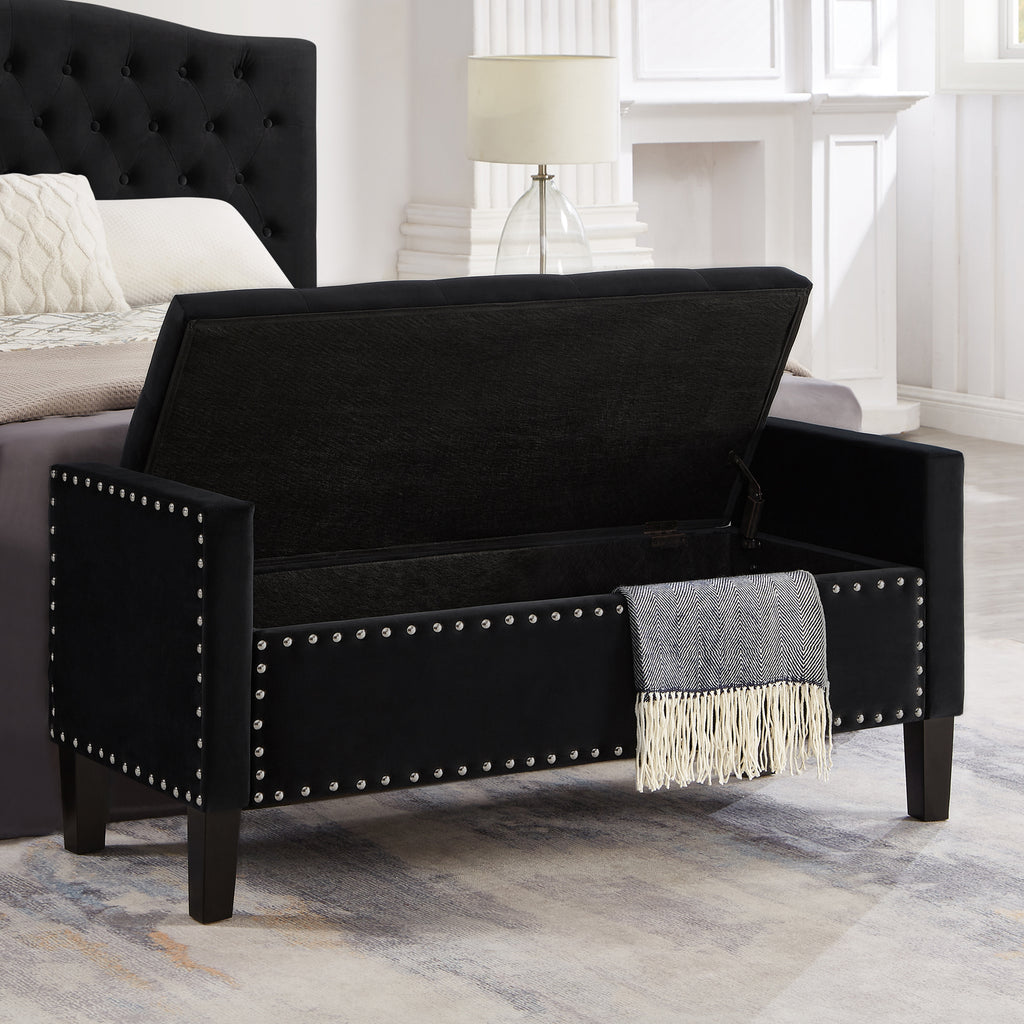 Upholstered Tufted Button Storage Bench with nails trim,Entryway Living Room Soft Padded Seat with Armrest,Bed Bench-Black - Grand Goldman Shop