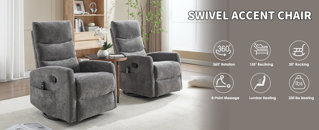 Heat Massage Manual Recliner Chair with Rocker and Swivel in Fabric for Living Room, GREY - Grand Goldman Shop