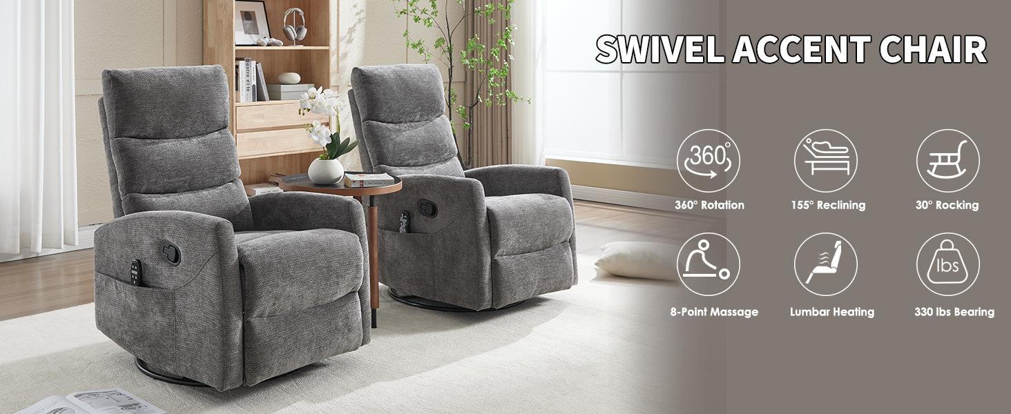 Heat Massage Manual Recliner Chair with Rocker and Swivel in Fabric for Living Room, GREY - Grand Goldman Shop