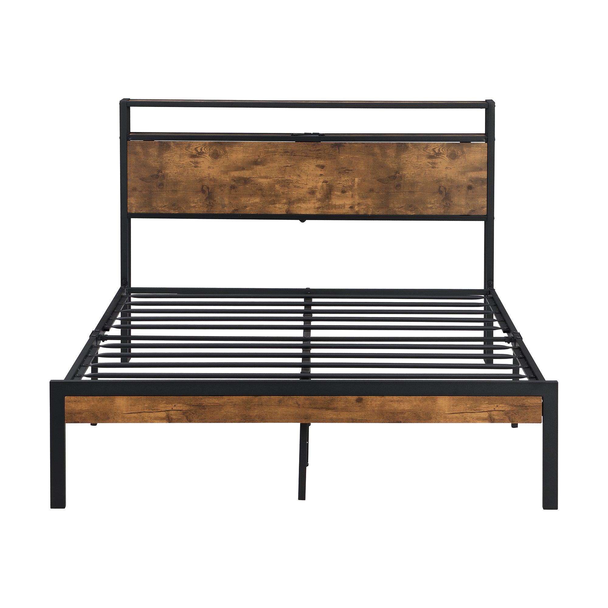 Modern Metal Platform Bed Frame with Wooden Headboard and Footboard, USB Liner, Queen Size, Black and Brown - Grand Goldman Shop