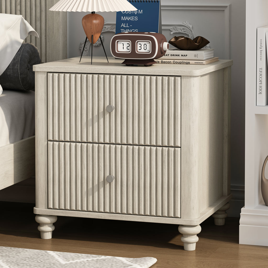 Fluted Nightstand, 21.65' Wide Side Table with 3 Drawers, Mid Century Modern Wood NightStand with Metal Handle, Wooden Bedside End Table for Bedroom, Living Room, Closet, Beige - Grand Goldman Shop