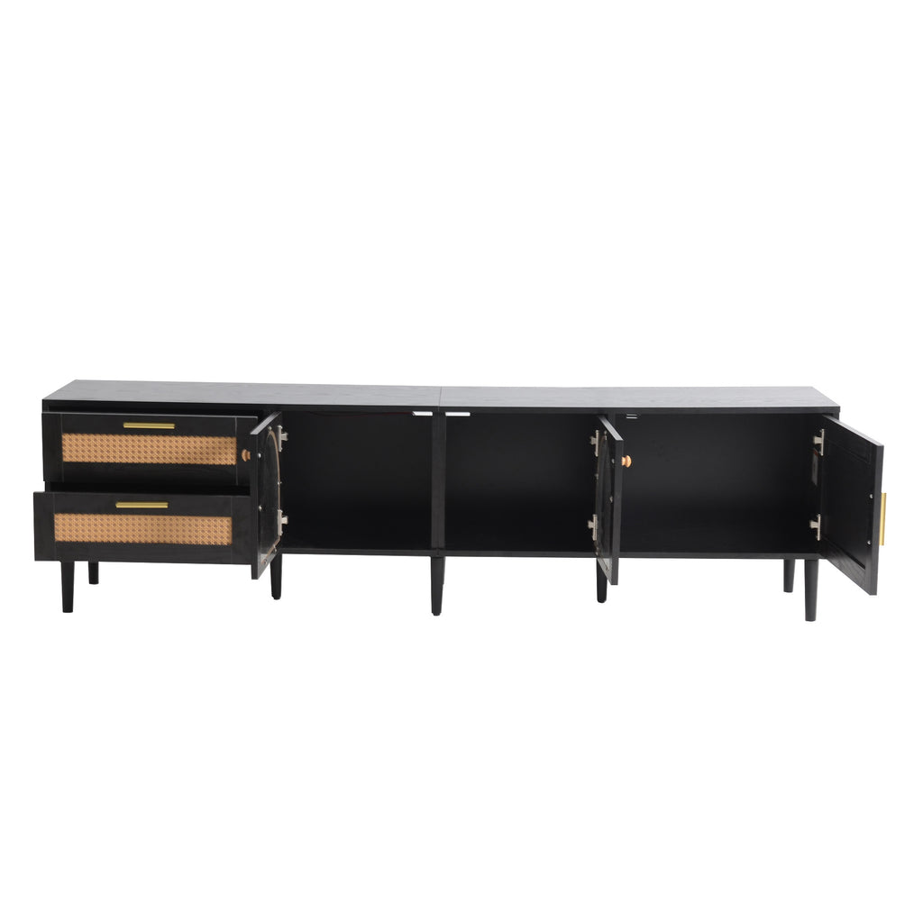 Black Rattan-inspired TV Stand with 3 Cabinets & 2 Drawers, MDF and Solid Wood Media Console for TVs up to 80'', Modern Living Room Entertainment Center - Grand Goldman Shop