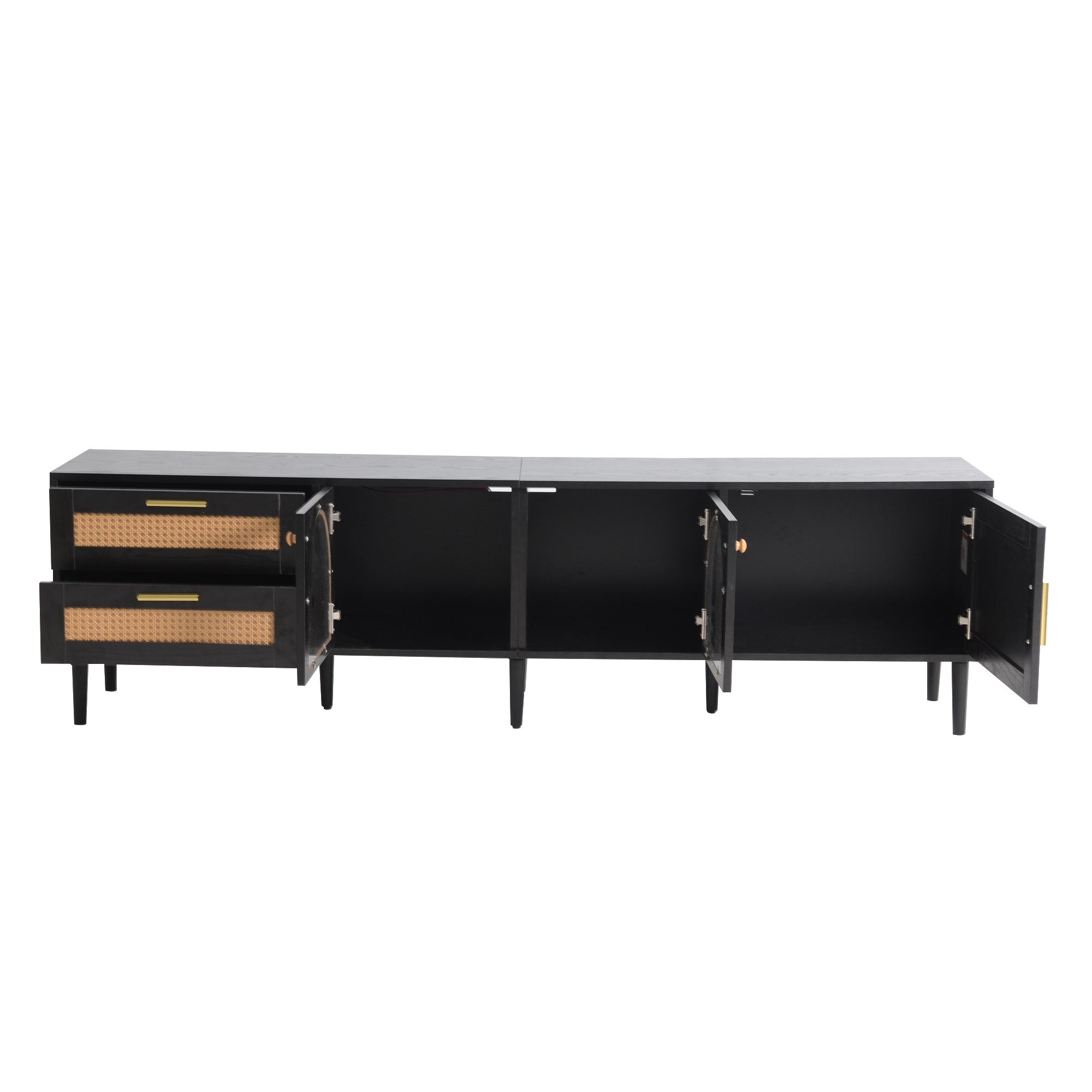 Black Rattan-inspired TV Stand with 3 Cabinets & 2 Drawers, MDF and Solid Wood Media Console for TVs up to 80'', Modern Living Room Entertainment Center - Grand Goldman Shop