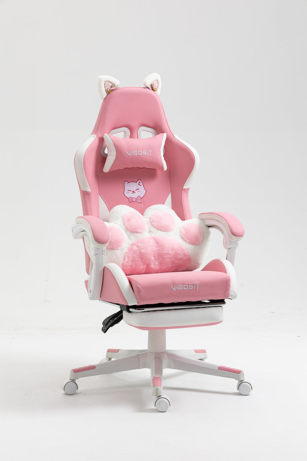 Cat Ears Pink Gaming Chair - Pink PU Leather Ergonomic Reclining Office Chair with Footrest, 310lb Capacity, 6-Position Recli