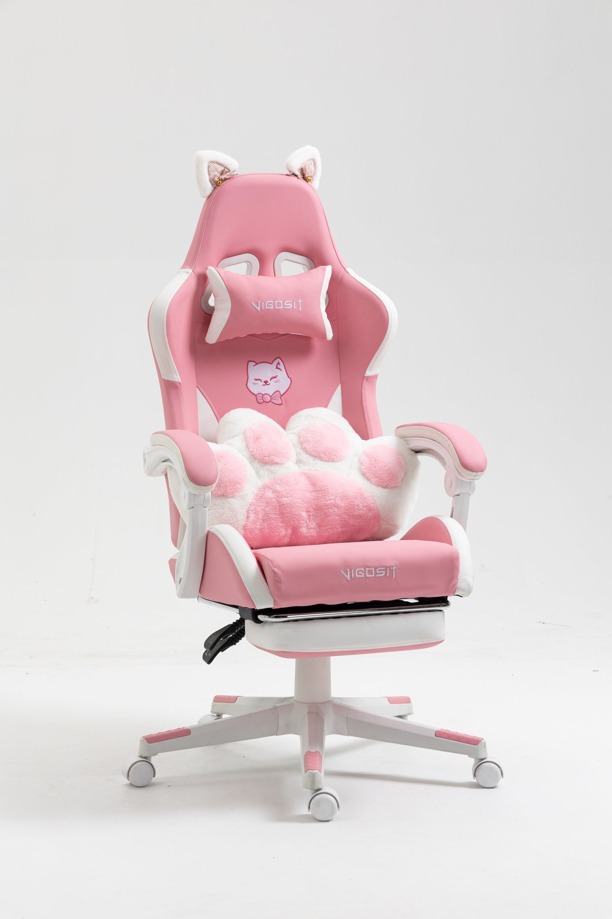 Cat Ears Pink Gaming Chair - Pink PU Leather Ergonomic Reclining Office Chair with Footrest, 310lb Capacity, 6-Position Recli