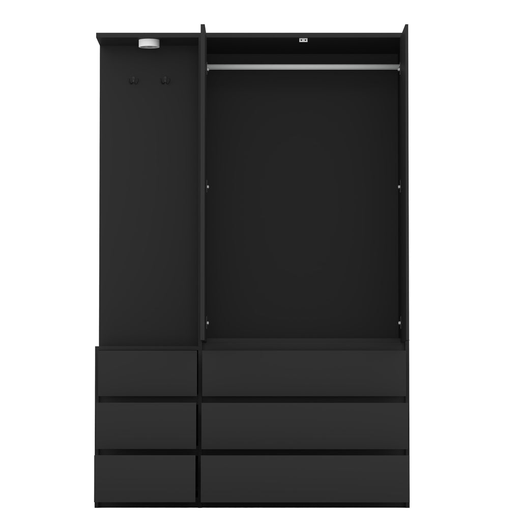 Wardrobe Closet 71.7' H, Bedroom Wooden Wardrobe with 2 Doors 6 Drawers, Modern Clothing Storage Cabinet Combination with Storage Shelves and Hanging Rail, Black - Grand Goldman Shop