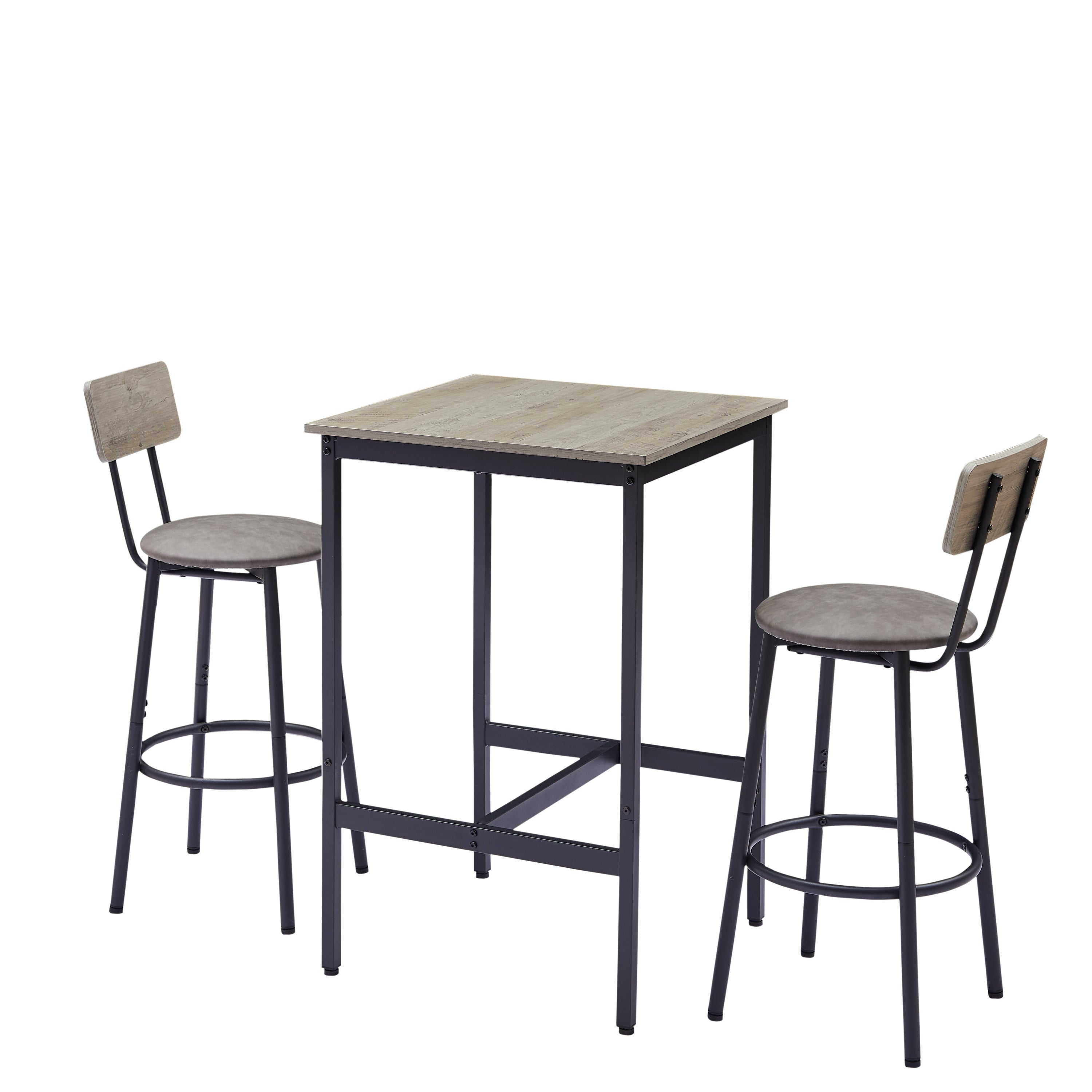 Bar Table Set with 2 Bar stools PU Soft seat with backrest, Grey, 23.62'' W x 23.62'' D x 35.43'' H - Grand Goldman Shop