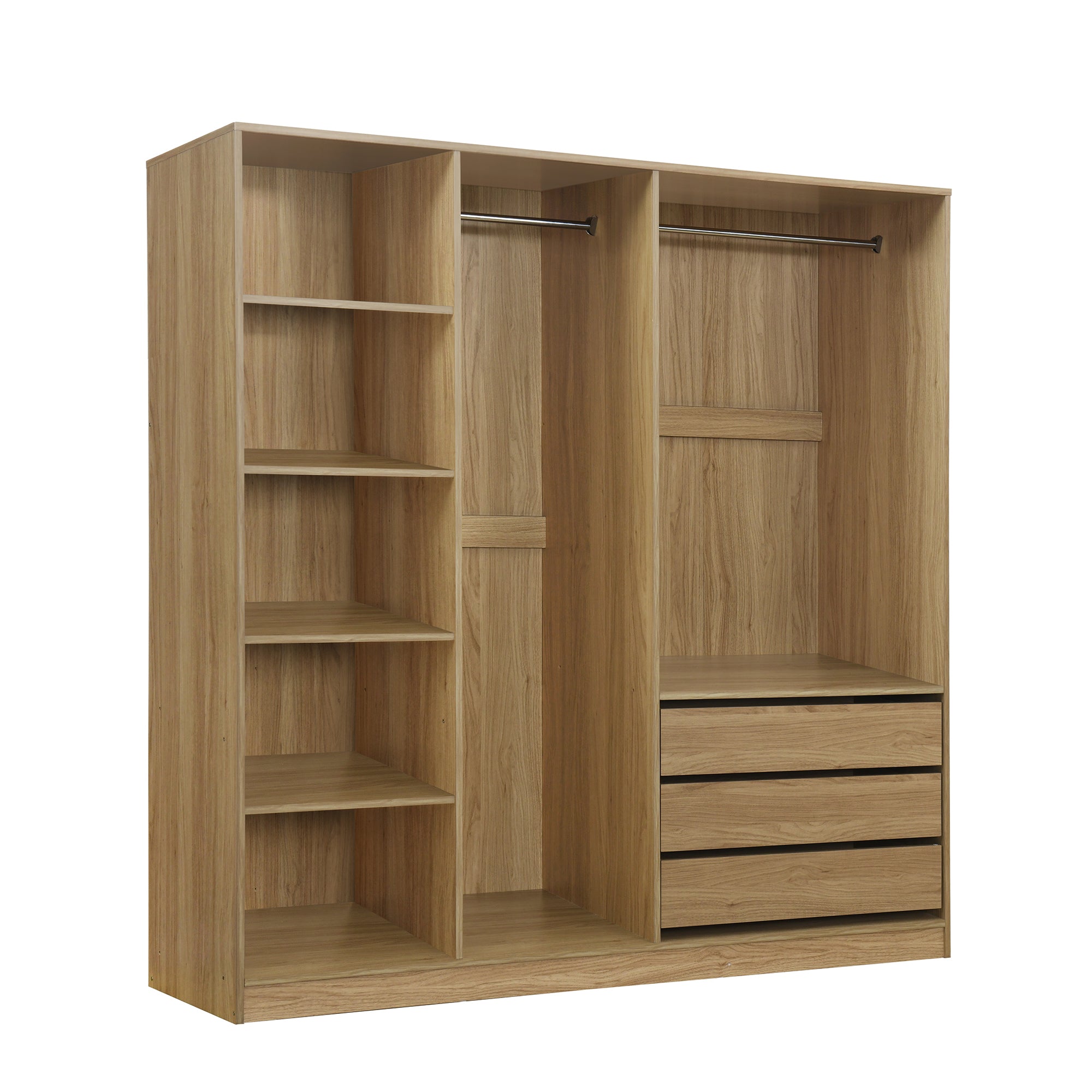 Doorless Wooden Storage Wardrobe for Dedroom with Shelves and 3 Drawers,Nature - Grand Goldman Shop
