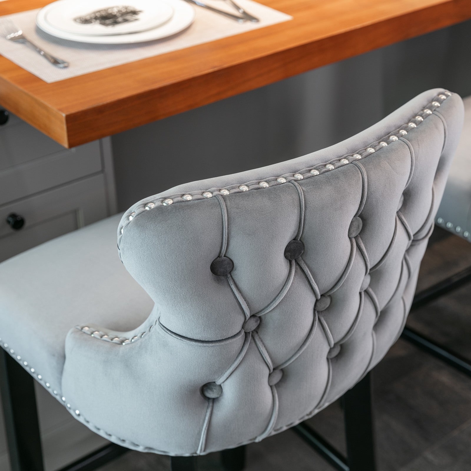 A&A Furniture,Contemporary Velvet Upholstered Wing-Back Barstools with Button Tufted Decoration and Wooden Legs, and Chrome Nailhead Trim, Leisure Style Bar Chairs,Bar stools, Set of 2 (Gray),SW1824GY - Grand Goldman Shop