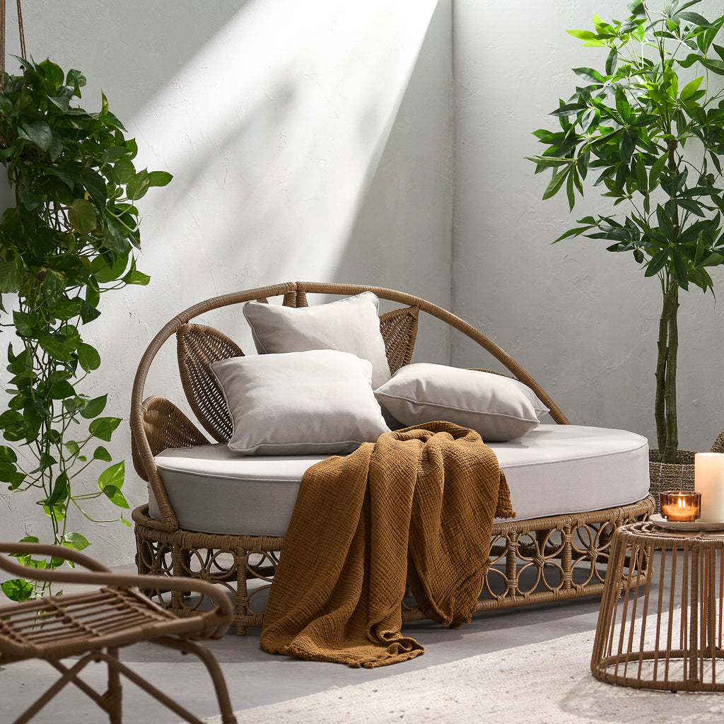 Outdoor Wicker Daybed With Pillows, Light Brown and Beige - Grand Goldman Shop