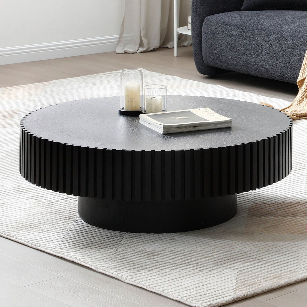 31.49'' Nesting Round Wood Coffee table for Apartment, Modern Living Room Coffee Table with Sturdy Pedestal ,BLACK (Same Sku:W876P243950) - Grand Goldman Shop