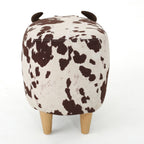 Cow-Shaped Modern Ottoman Footstool in Brown and White Fabric with Velvet Horns, Birch Legs, 25.25 x 14.00 x 16.75 inches - Grand Goldman Shop