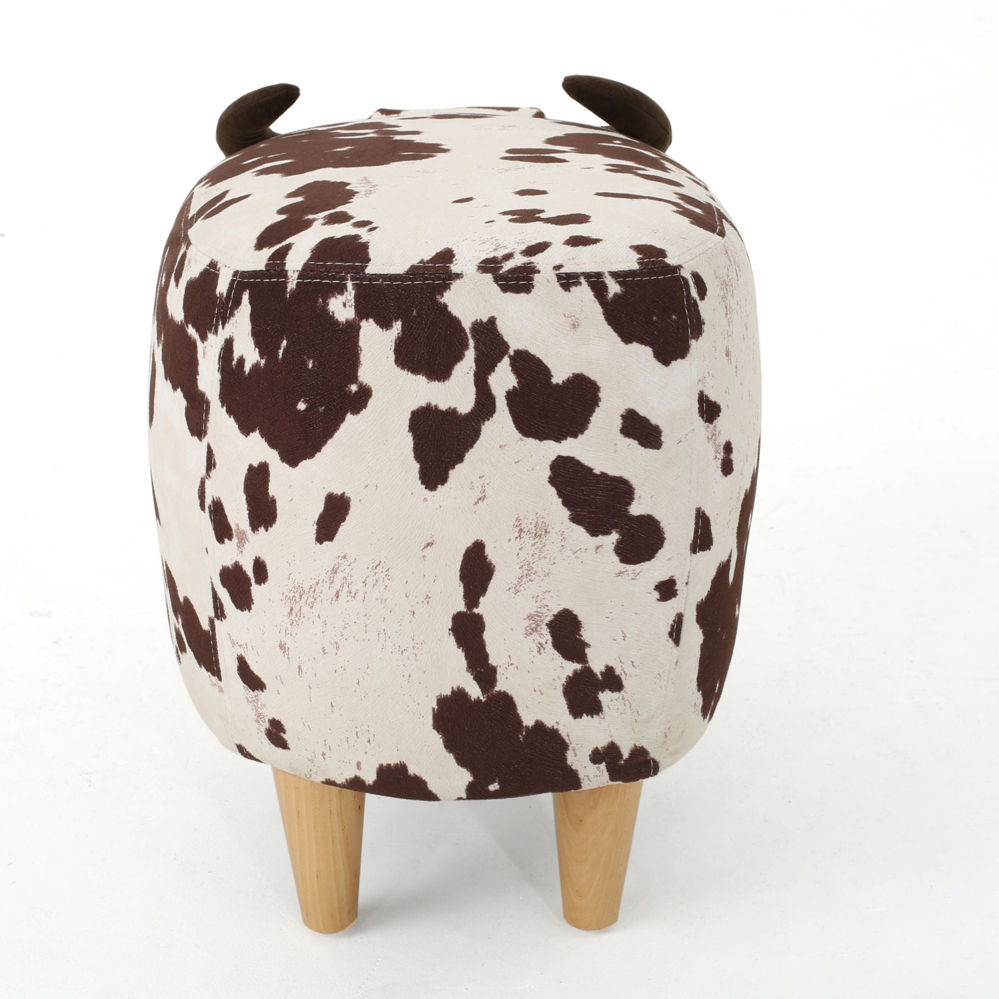 Cow-Shaped Modern Ottoman Footstool in Brown and White Fabric with Velvet Horns, Birch Legs, 25.25 x 14.00 x 16.75 inches - Grand Goldman Shop
