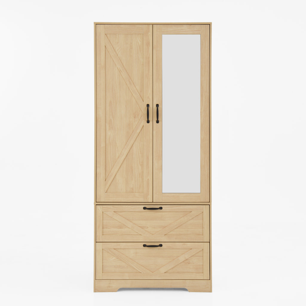 2 Door Wood Wardrobe for Bedroom with Hanging Clothing Rod inside the Cabinet and 2 Drawers for Storage Organization, Built-in induction light Multifunctional Closet with Mirror, Natural - Grand Goldman Shop